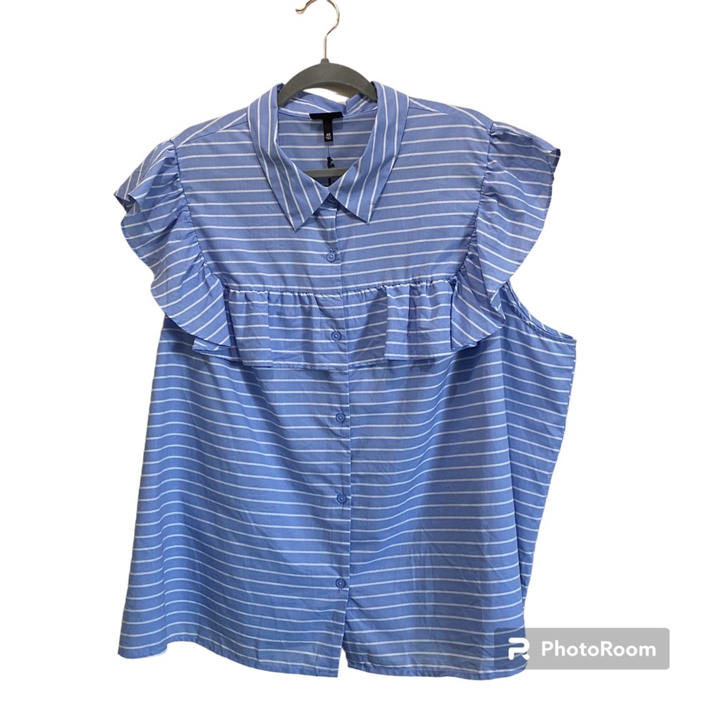 NWT Women plus size 4x button down blue an white striped ruffled blouse tank top